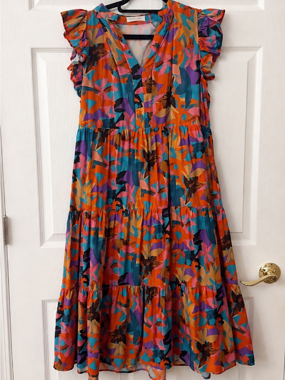 Vibrant Orange Multi Floral Tiered Midi Dress